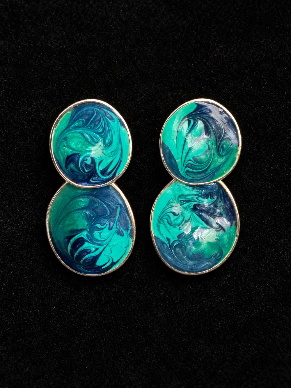 ⚜️ Double-Drop Clip-on Earrings | Marbled Enamel | Teal & Navy Gold-Tone 💗
